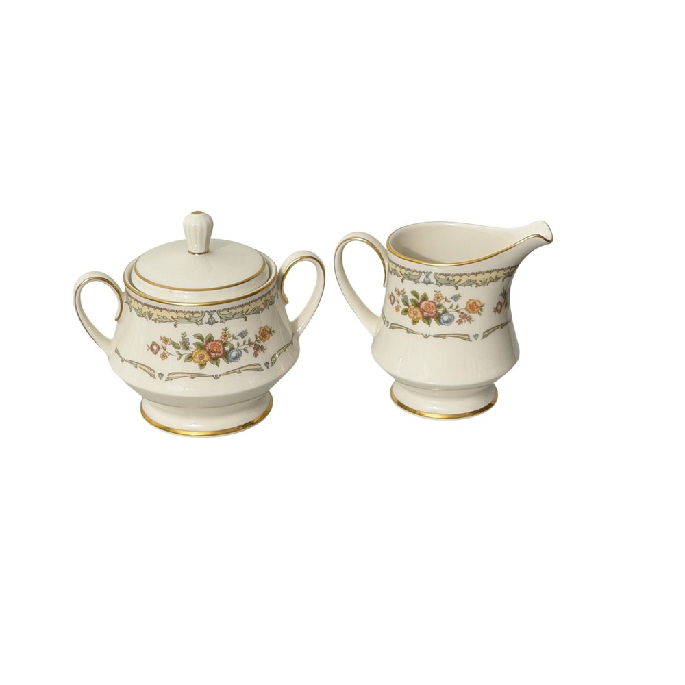 Vintage Noritake Sugar Bowl Creamer Set Homage 7236 Ivory Floral Gold Trim Japan